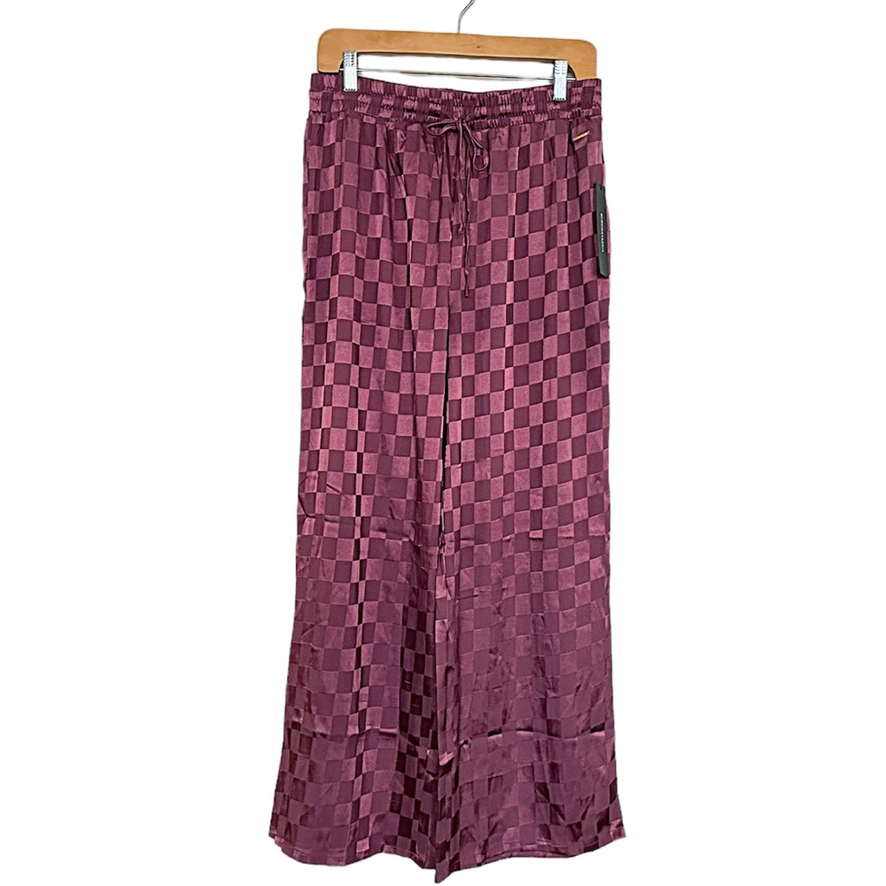 BCBGMAXAZRIA Satin Pajama Bottoms Plum Colored Checkers Sz Medium NEW WITH TAGS